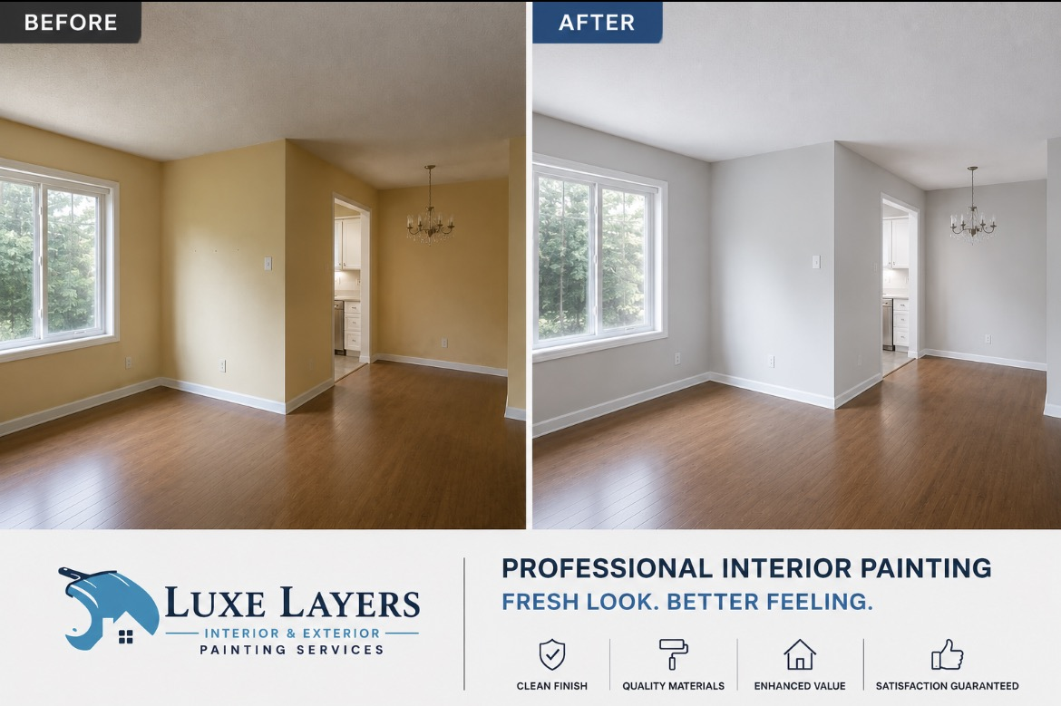 Before-and-after interior painting in Vancouver showing yellow walls refreshed in a light neutral colour with white trim