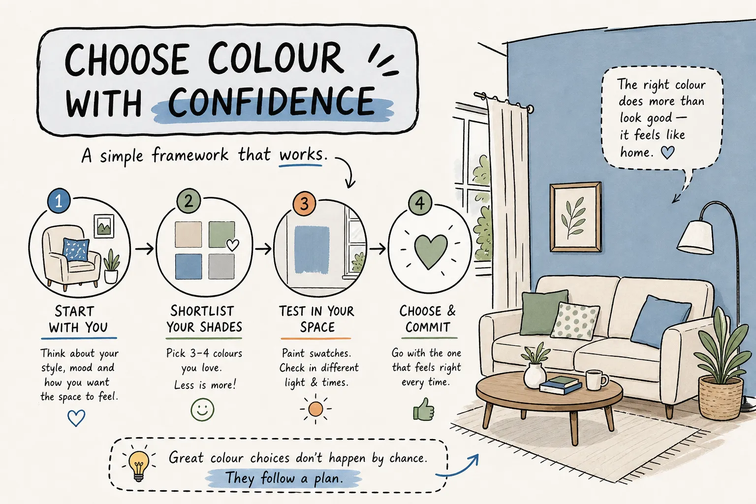 Illustrated interior paint colour guide: start with your style, shortlist shades, test in your space, and choose with confidence.